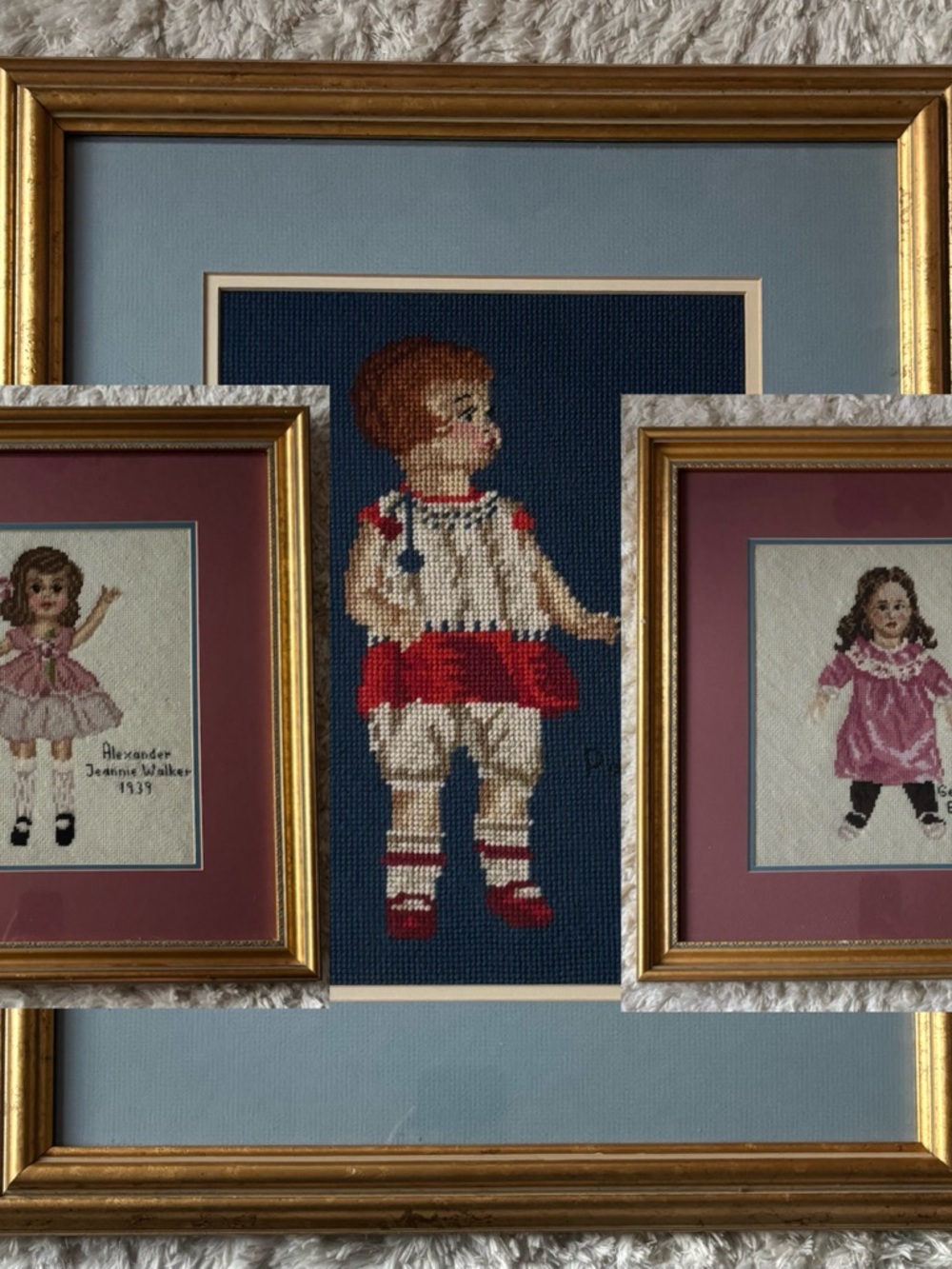 Framed Trio of Larger VTG Nursery Needlepoint Babies Toddlers Cross Stitch